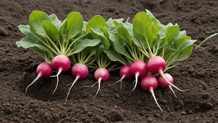Freshly Harvested Radishes in Rich Soil  Vibrant Red and Green Vegetables Photo