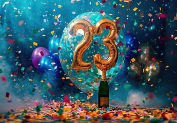 30th Birthday Celebration: A Festive Scene with a Number 30 Balloon, Confetti, and Champagne Bottle Amidst Colorful Party Decorations