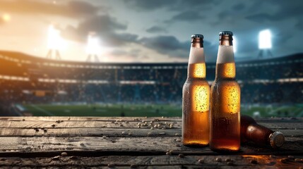 Two cold beer bottles on a wooden table, illuminated stadium in the background