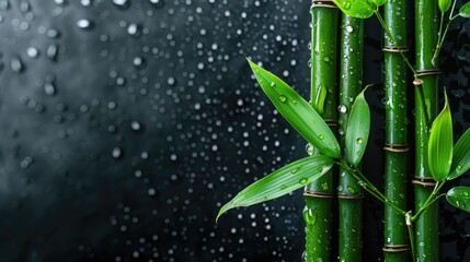 Fototapeta premium Three green bamboo stalks with fresh leaves, black background with water droplets