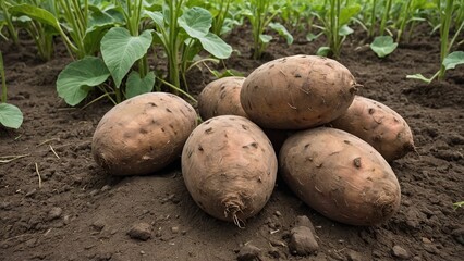 Harvest Time Vibrant Sweet Potatoes in Lush Field