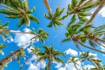 Fototapeta premium Palm trees in summer on a beach, view from bottom to top, blue sky, sunny day