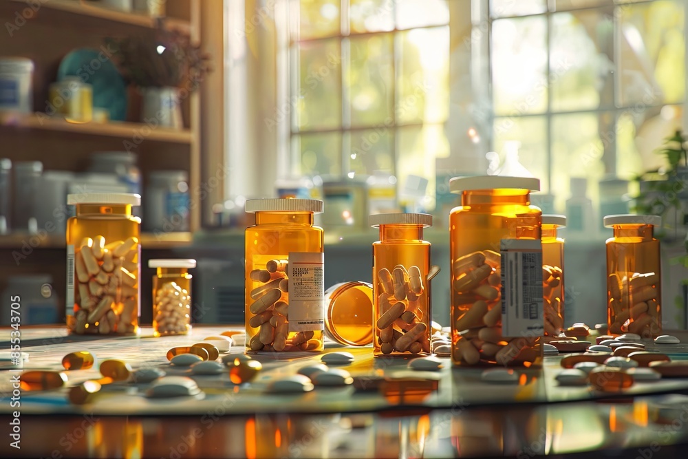 Aufkleber multiple prescription pill bottles with their caps open, and various pills scattered around on a tab