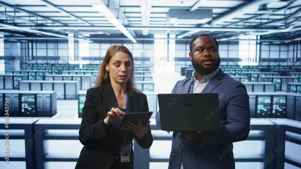 Poster manager in data center supervising worker running error checking utilities to fix errors. supervisor