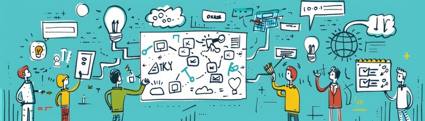 Creative Business Professional Sketching Startup Roadmap on Whiteboard with Team Collaboration