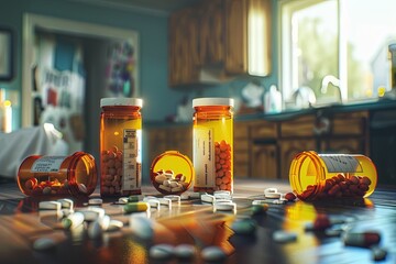 Multiple prescription pill bottles lie open on a kitchen countertop, with various pills scattered around. Generative AI