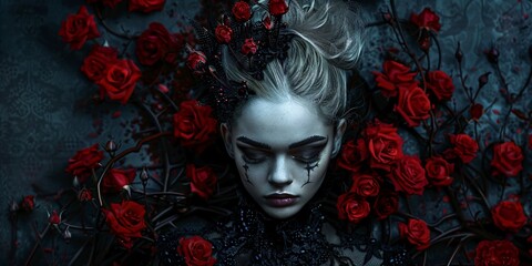 Fototapeta premium pale gothic style woman surrounded by red roses