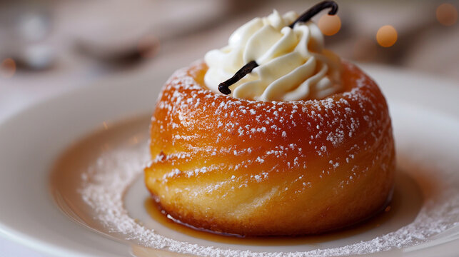 Delicious rum baba dessert garnished with whipped cream and vanilla pod sitting on white plate