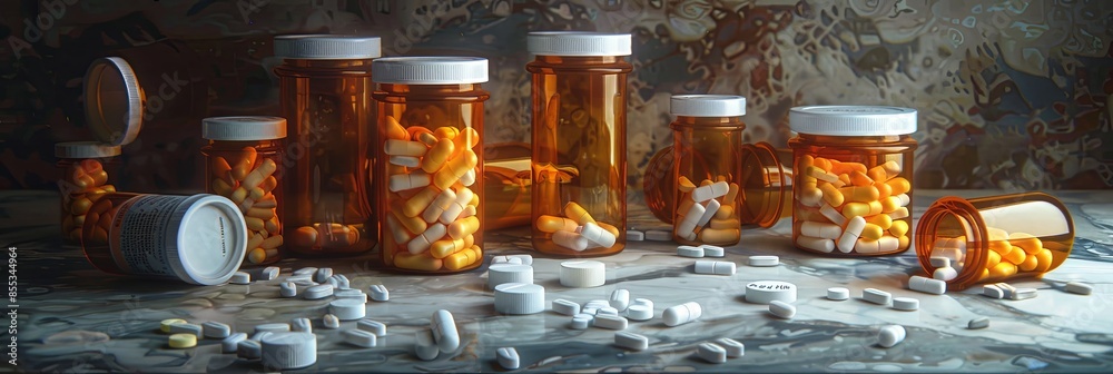 Aufkleber a close-up image of several prescription pill bottles with their caps open, revealing a variety of p