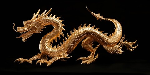 Fototapeta premium Full body gold dragon in bend body pose isolated on black background.