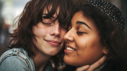Obraz premium Two loving girls portrait, close up of girls in love, concept of intimacy, lesbian, human relationship, girls help girls, romantic, Valentines, friends.