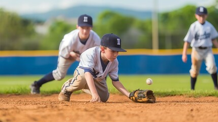 Young baseball players practicing fielding on a sunny day, wearing uniforms, capturing teamwork and childhood sports moments for youth sports promotions