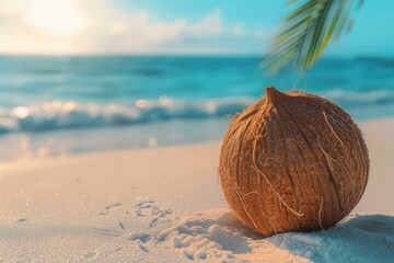 Coconut on Tropical Beach at Sunset, Summer Vacation Concept