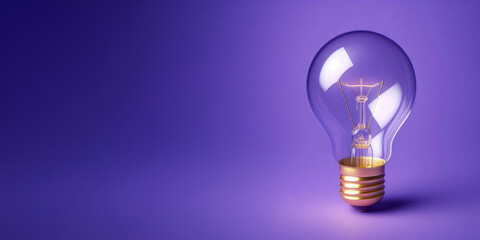 Clear light bulb with gold base against solid purple backdrop, Glass reflects vibrant purple background, emphasizing contrast and aesthetic appeal, for design concepts and decor themes