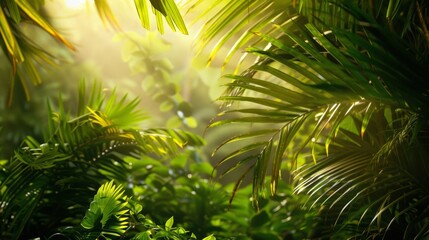 Peaceful Tropical Rainforest - Lush Greenery, Sunbeam Filtering Through Canopy