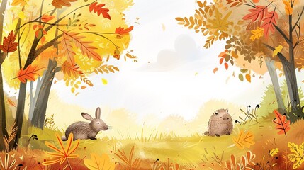 Autumn greeting card background, cute cartoon illustration of colorful yellow red trees and adorable rabbit and hedgehog, for children's book, card, event, poster.