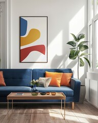 Modern Living Room with Blue Sofa and Abstract Poster