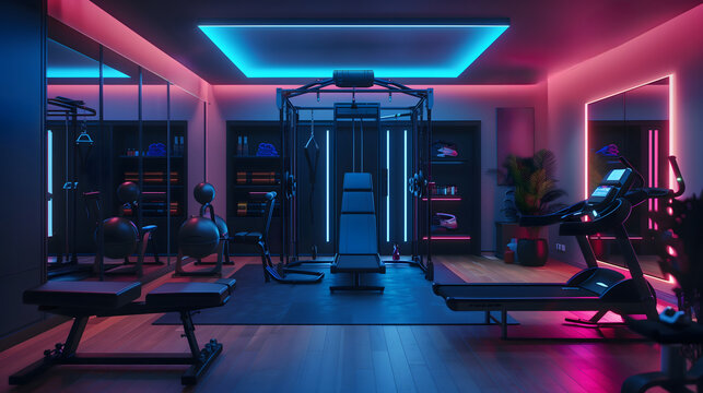 gym with high-tech equipment and neon lights, representing the future of fitness in a home setting