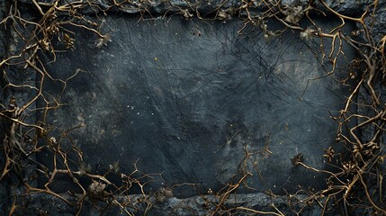 Blank dark gothic frame with dry branches edges, old worn black grunge style fantasy border, Halloween card poster horror backgrounds, medieval cinematic dramatic dark banner.