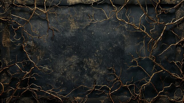 Blank dark gothic frame with dry branches edges, old worn black grunge style fantasy border, Halloween card poster horror backgrounds, medieval cinematic dramatic dark banner.