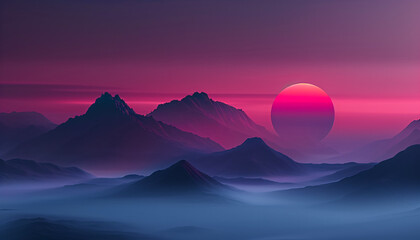Fototapeta premium surreal synthwave landscape, sunrise in the mountains