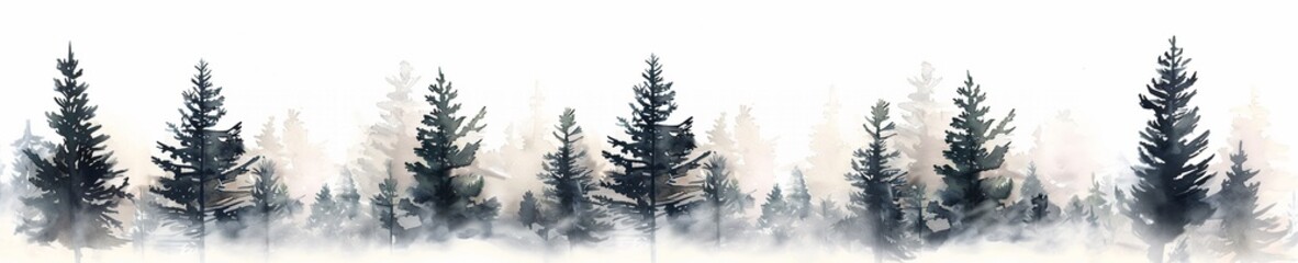 Obraz premium Foggy spruce forest watercolor illustration, panorama wide web banner border decoration, for card, web banner, Christmas backgrounds.