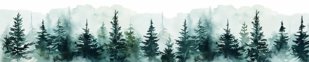 Foggy spruce forest watercolor illustration, panorama wide web banner border decoration, for card, web banner, Christmas backgrounds.