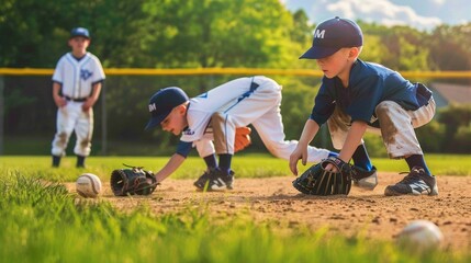 Young baseball players practicing fielding on a sunny day, wearing uniforms, capturing teamwork and childhood sports moments for youth sports promotions