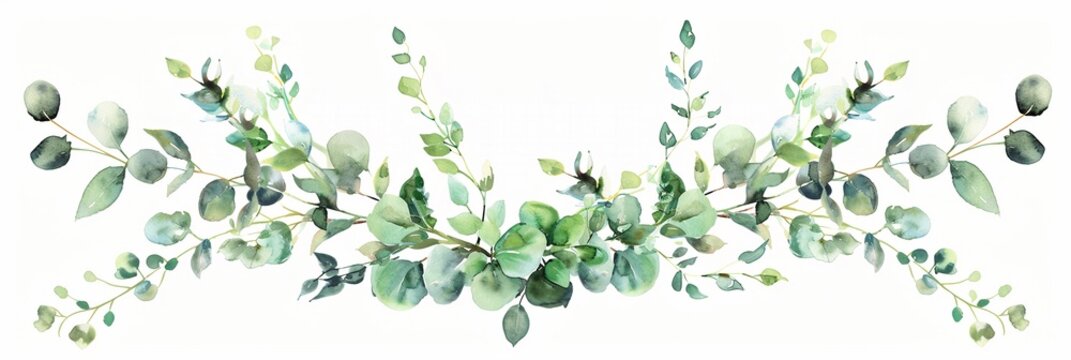 Watercolor decorative floral element of graceful green eucalyptus leaves and branches border or frame, for wedding, greeting card, celebration border banner design.
