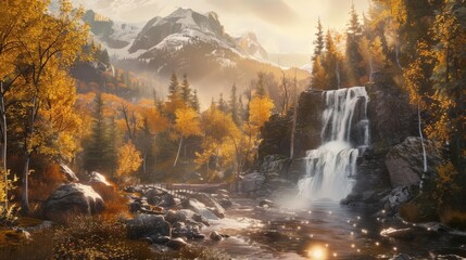 Autumn Scenic Wilderness Landscape with Waterfall