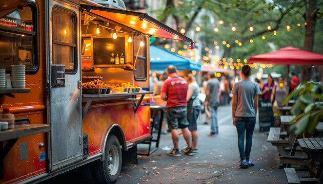 food truck parked in an urban setting during a lively street festival, with customers enjoying a street food. 
