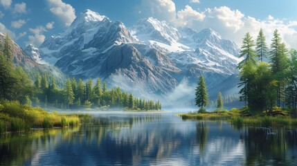 Fototapeta premium Beautiful natural landscape with high mountains, blue sky and river