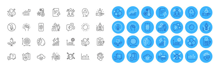 Freezing, Cloud computing and Growth chart line icons pack. Augmented reality, No microphone, Fake news web icon. Question mark, Chemistry lab, Vitamin a pictogram. Mental health. Vector