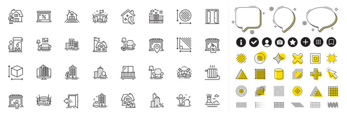 Set of Triangle area, Lighthouse and Buildings line icons for web app. Design elements, Social media icons. Market location, Construction building, Entrance icons. Vector