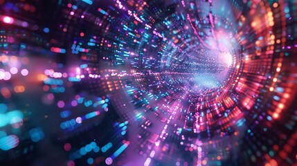 Obraz premium Neon light tunnel with colorful abstract digital particles, futuristic concept. Modern technology and data visualization background