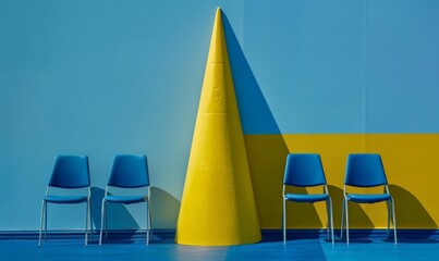 Vibrant Modern Furniture in a Minimalist Setting with Blue Wall and Yellow Cone