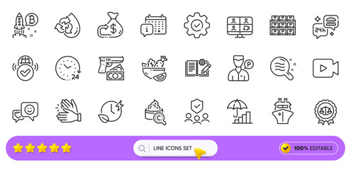 Smile, Video camera and Food delivery line icons for web app. Pack of Justice scales, Verified internet, Valet servant pictogram icons. Bitcoin project, Skin condition, Cashback signs. Vector