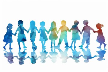 Serene silhouettes of children holding hands on a white background