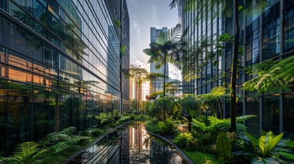 Modern Skyscraper Overlooking Lush City Rooftop Garden