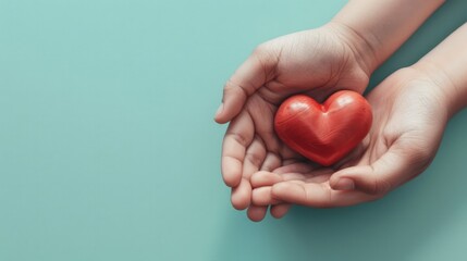 Fototapeta premium Hands Holding a Red Heart on a Light Green Background