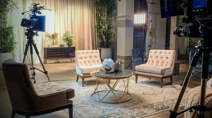 A studio setup with two chairs facing a camera on a tripod. The room features a rug, a coffee table, and a bright light illuminating the scene.
