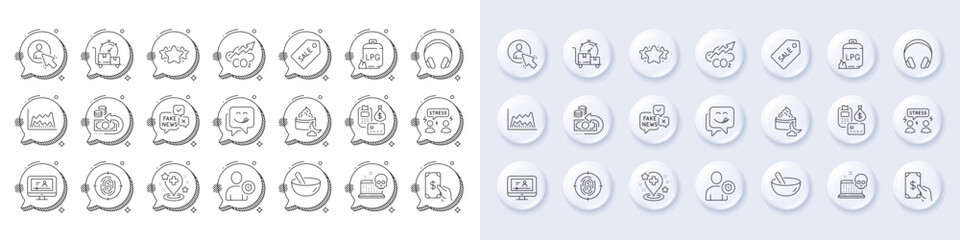 Receive money, Fingerprint and Co2 line icons. White pin 3d buttons, chat bubbles icons. Pack of User, Cash back, Yummy smile icon. Headphones, Fast delivery, Difficult stress pictogram. Vector