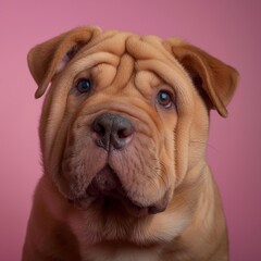 Obraz premium Chinese Shar-Pei dog on minimalistic colorful background with Copy Space. Perfect for banners, veterinary ads, pet food promotions, and minimalist designs.
