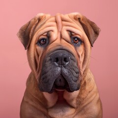 Fototapeta premium Chinese Shar-Pei dog on minimalistic colorful background with Copy Space. Perfect for banners, veterinary ads, pet food promotions, and minimalist designs.