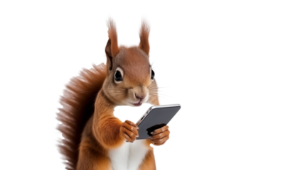 A squirrel holding a smartphone against a white background.