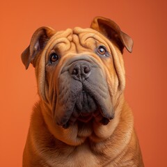 Obraz premium Chinese Shar-Pei dog on minimalistic colorful background with Copy Space. Perfect for banners, veterinary ads, pet food promotions, and minimalist designs.