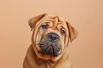 Obraz premium Chinese Shar-Pei dog on minimalistic colorful background with Copy Space. Perfect for banners, veterinary ads, pet food promotions, and minimalist designs.