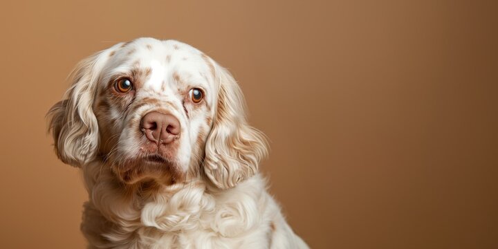 Clumber Spaniel dog on minimalistic colorful background with Copy Space. Perfect for banners, veterinary ads, pet food promotions, and minimalist designs.