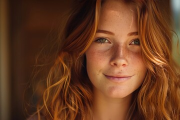 Naklejka premium Stylish Woman's Portrait with Smile and Wavy Hair