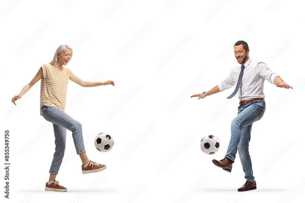 Sticker man and woman kicking footballs and smiling